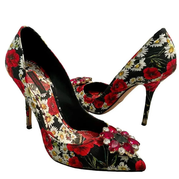 Dolce & Gabbana Pumps Floral Print Crystal Flower High Stiletto Heel Size 39.5 - Picture 1 of 16